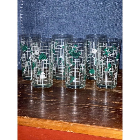 VINTAGE CHRISTMAS DRINKING GLASSES green and white by Nadir in Brazil Set of 6 - Picture 2 of 6